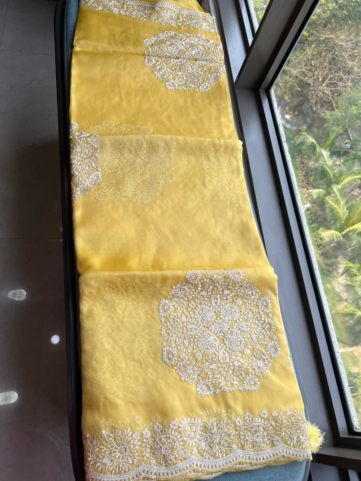 Yellow organza saree threadwork sari