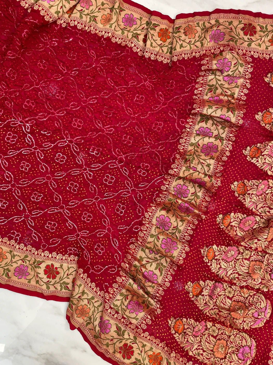 Bandhej Banarasi Gorgette handloom saree