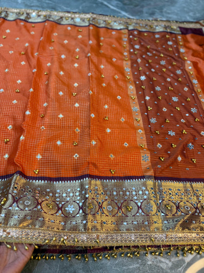 Handmade orange saree soft silk saree ghungroo sarees blouse Indian sari