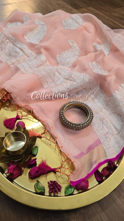 Peach banarsi chiffon saree handwoven sari blouse
