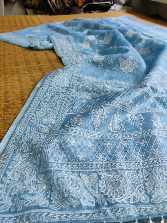 Tussar Chikankari Embroidery Kora Silk Saree