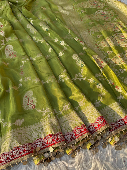 Green banarsi  chinon saree traditional saree blouse