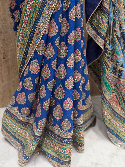 Ajrakh crepe saree Chinon sarees Partywear sari with stitched blouse