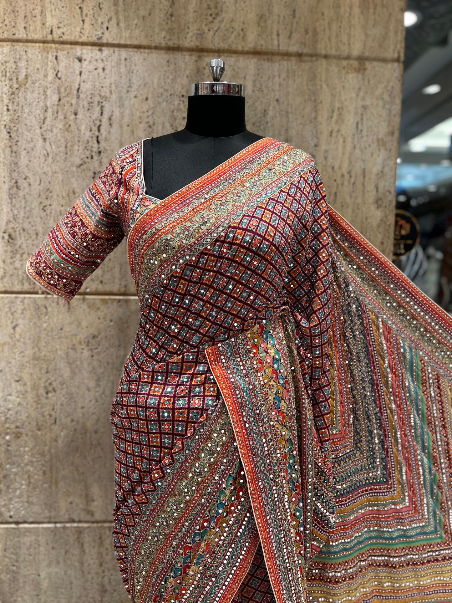 Celebrity inspired saree ajrakh printed sarees women sari readymade blouse