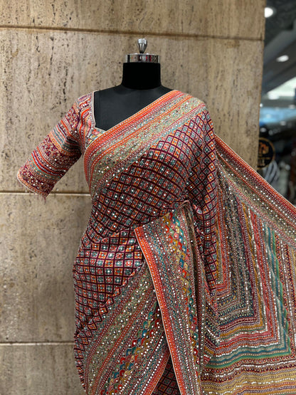 Celebrity inspired saree ajrakh printed sarees women sari readymade blouse