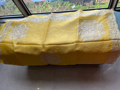 Yellow organza saree threadwork sari