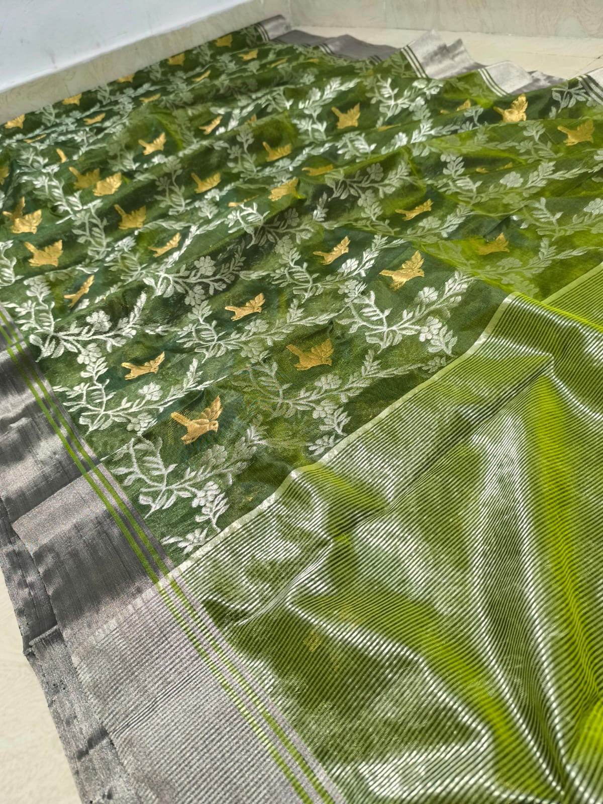 Green Chanderi saree pattu silk saree handmade sari blouse