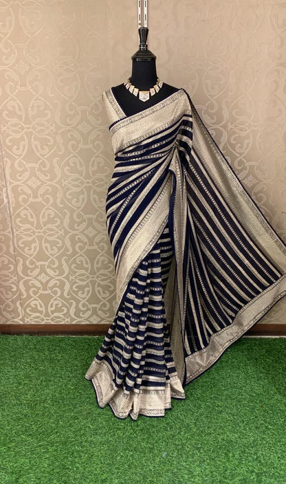 Luxurious Striped Saree Gorgette saree Indian sari blouse