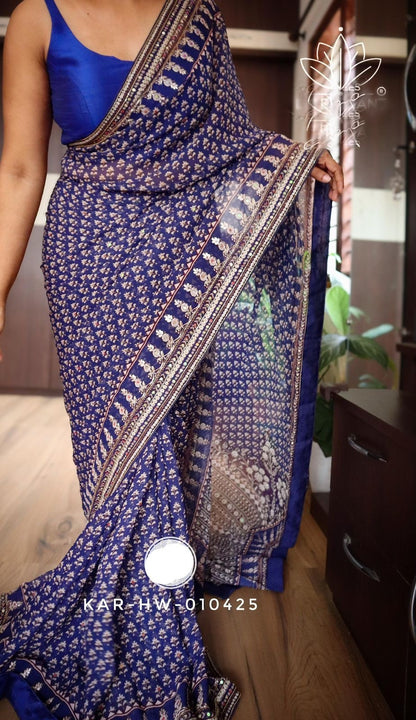 Blue gorgette silk saree designer saree women sari blouse