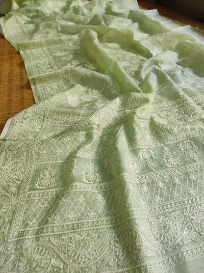 Tussar Chikankari Embroidery Kora Silk Saree