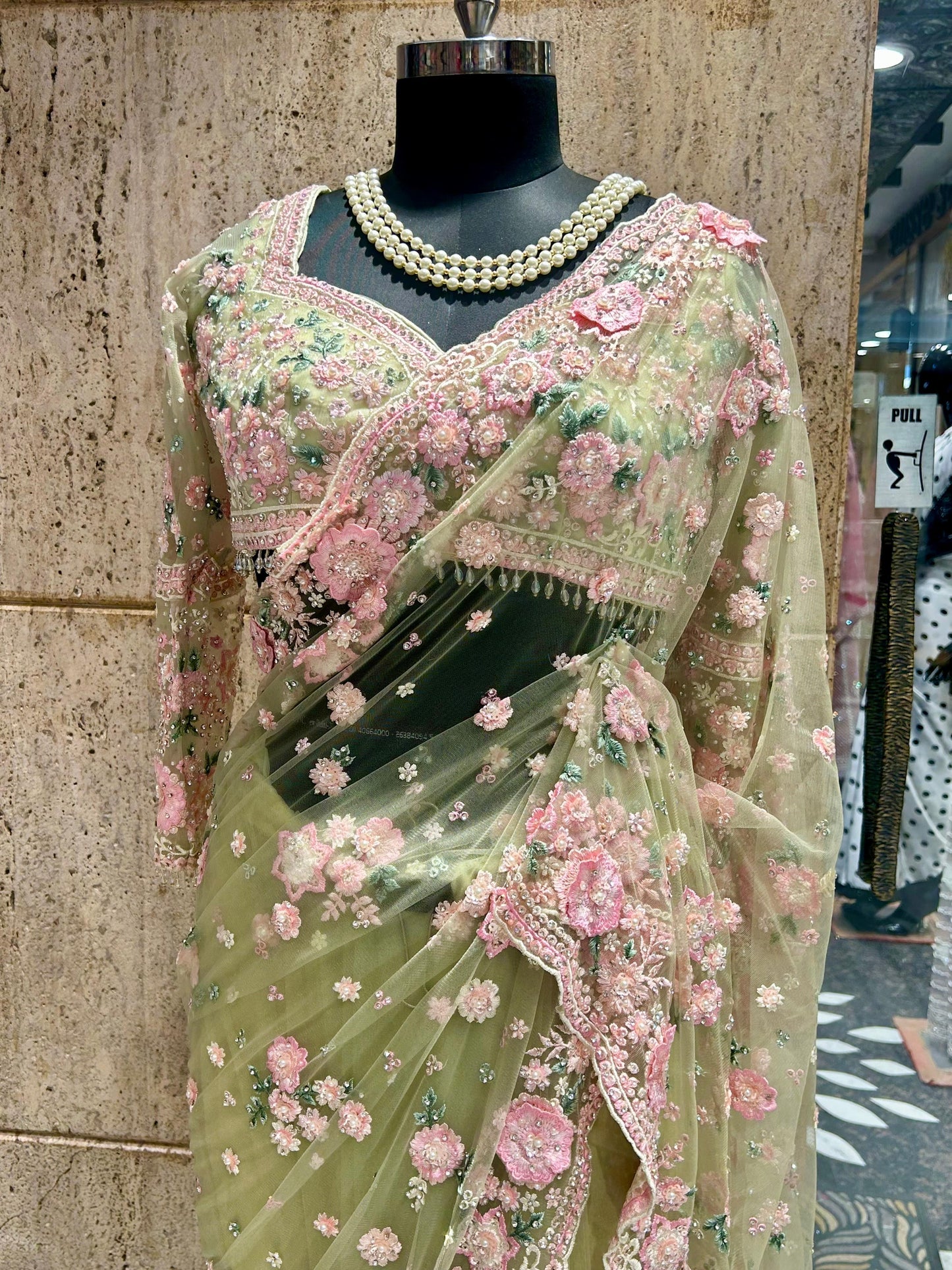 Designer inspired saree net saree floral heavy embroidery sarees blouse