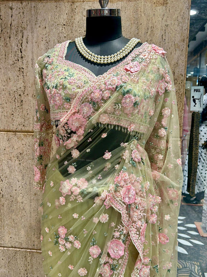 Designer inspired saree net saree floral heavy embroidery sarees blouse