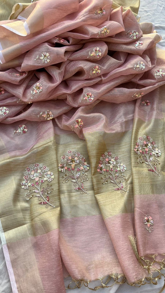 Pink Tissue Linen Silk Banarsi Weaving Sarees