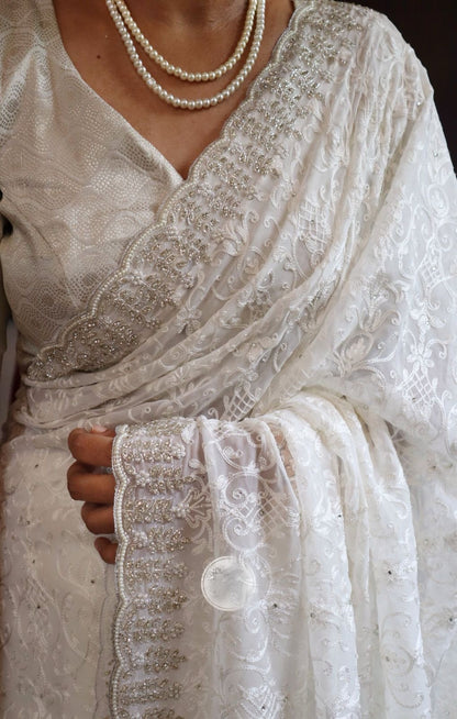 Sophisticated White Chikankari Gorgette Saree