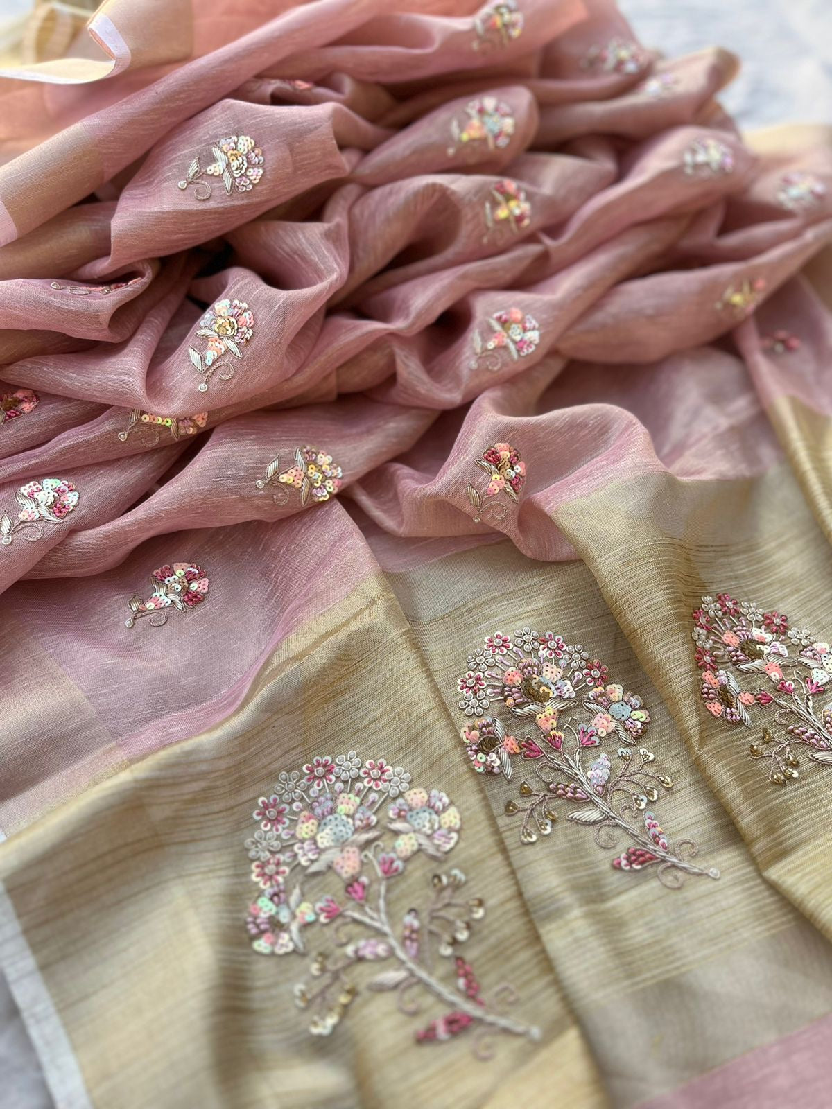 Pink Tissue Linen Silk Banarsi Weaving Sarees