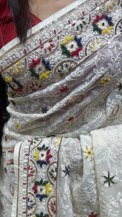 White Chikankari saree Gorgette sari blouse Indian sarees wom clothing