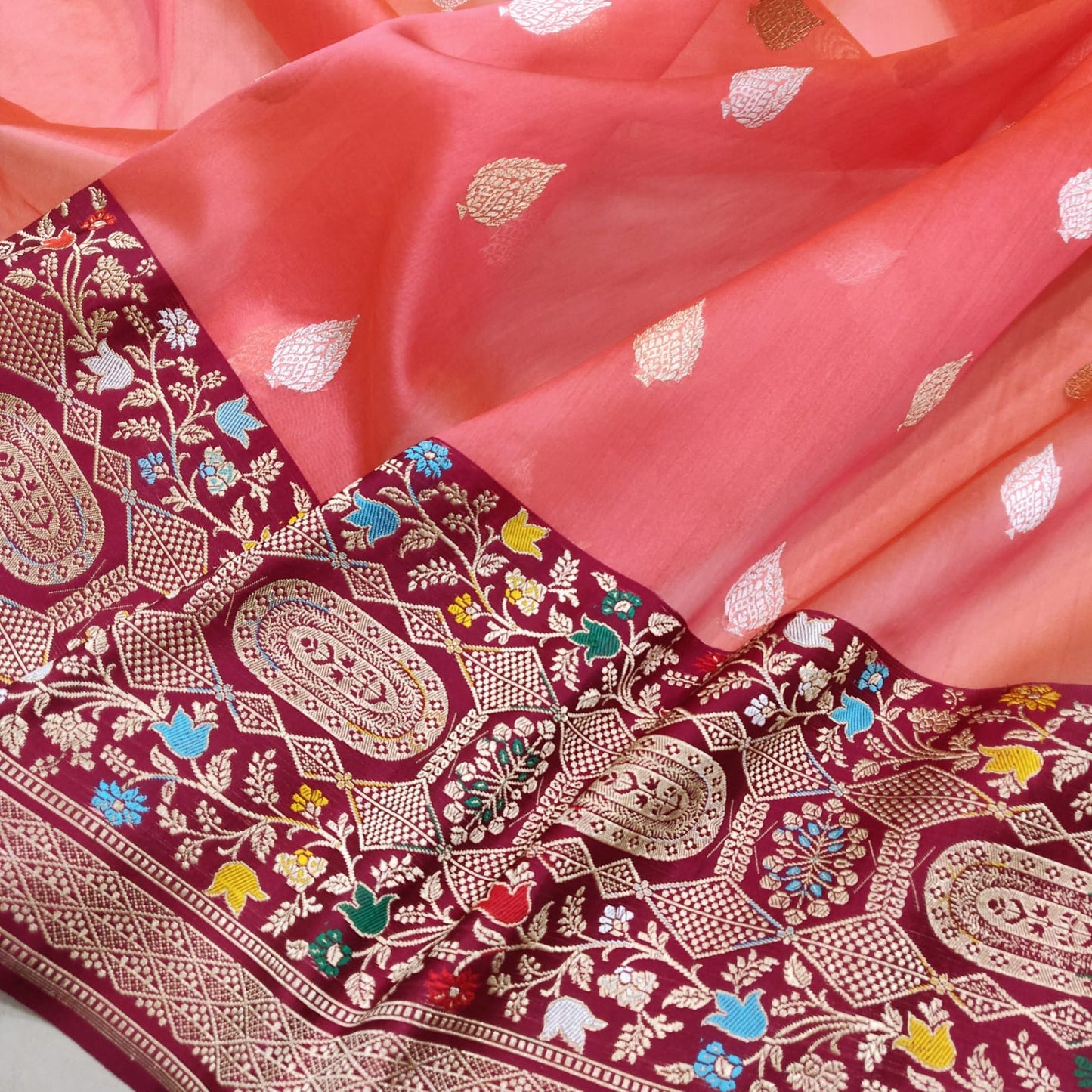 Peach kora saree handwoven sarees Indian sari blouse wedding saree