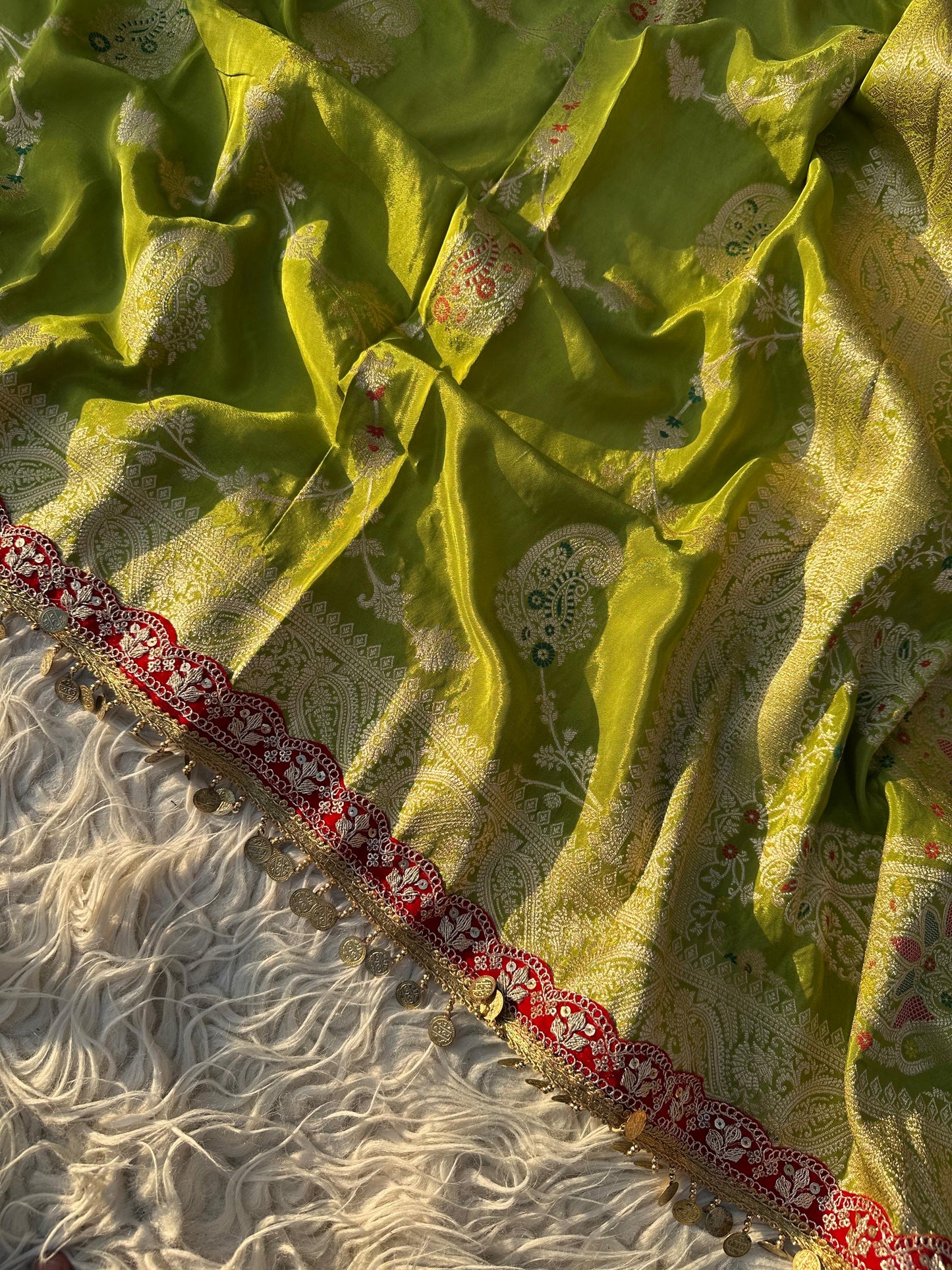 Green banarsi  chinon saree traditional saree blouse
