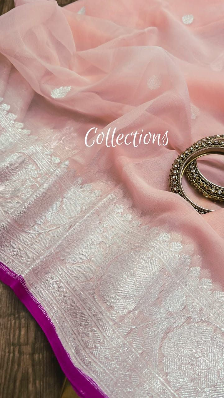 Peach banarsi chiffon saree handwoven sari blouse