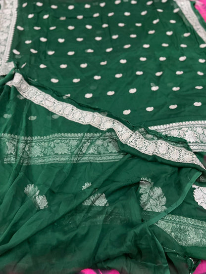 Chiffon Green Banarsi Saree khaddi chiffon saree