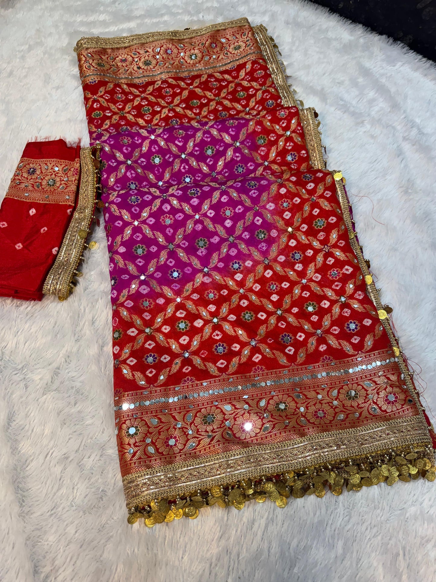 Banarsi soft gorgette saree bandhej saree blouse wedding sari