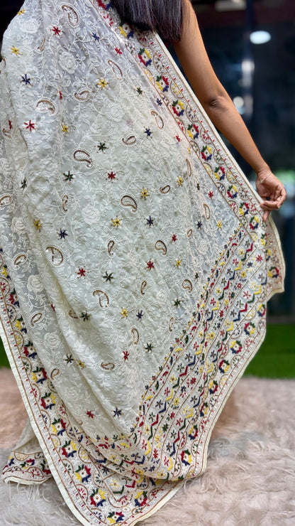 White Chikankari saree Gorgette sari blouse Indian sarees wom clothing
