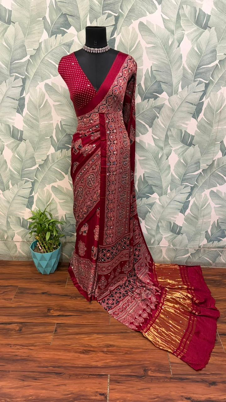 Maroon ajrakh saree Indian sari blouse traditional sarees women clothing
