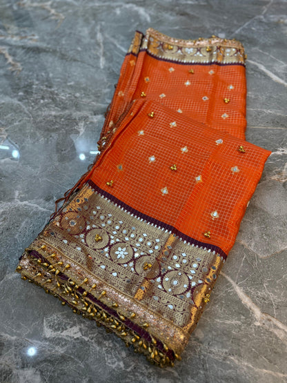 Handmade orange saree soft silk saree ghungroo sarees blouse Indian sari