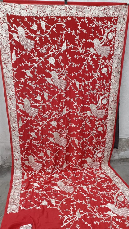 Red Bold Parsi Gara Saree Crepe Saree Indian Sari