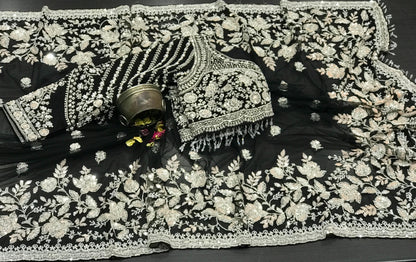 Net designer saree Indian wedding sari blouse women sarees