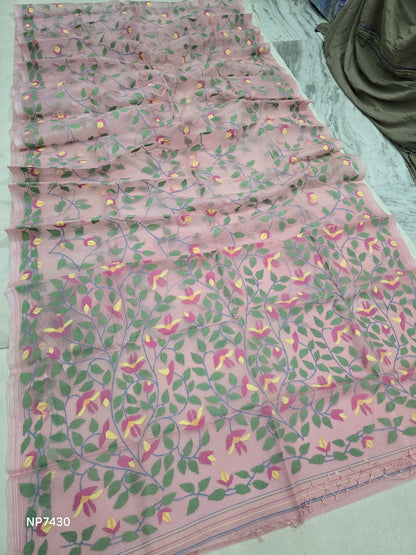 Pink jamdani saree handwoven sari blouse Indian sarees