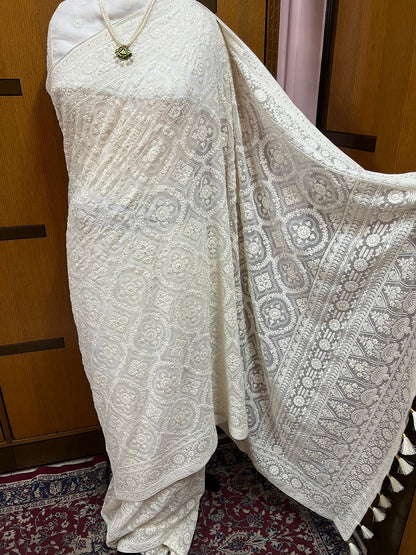 Chikankari Saree White Elegant Saree Georgette Sarees