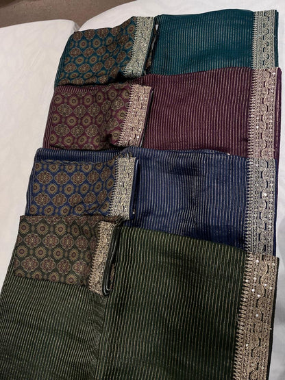 Ajrakh inspired Organza saree Striped Saree Partywear Sari