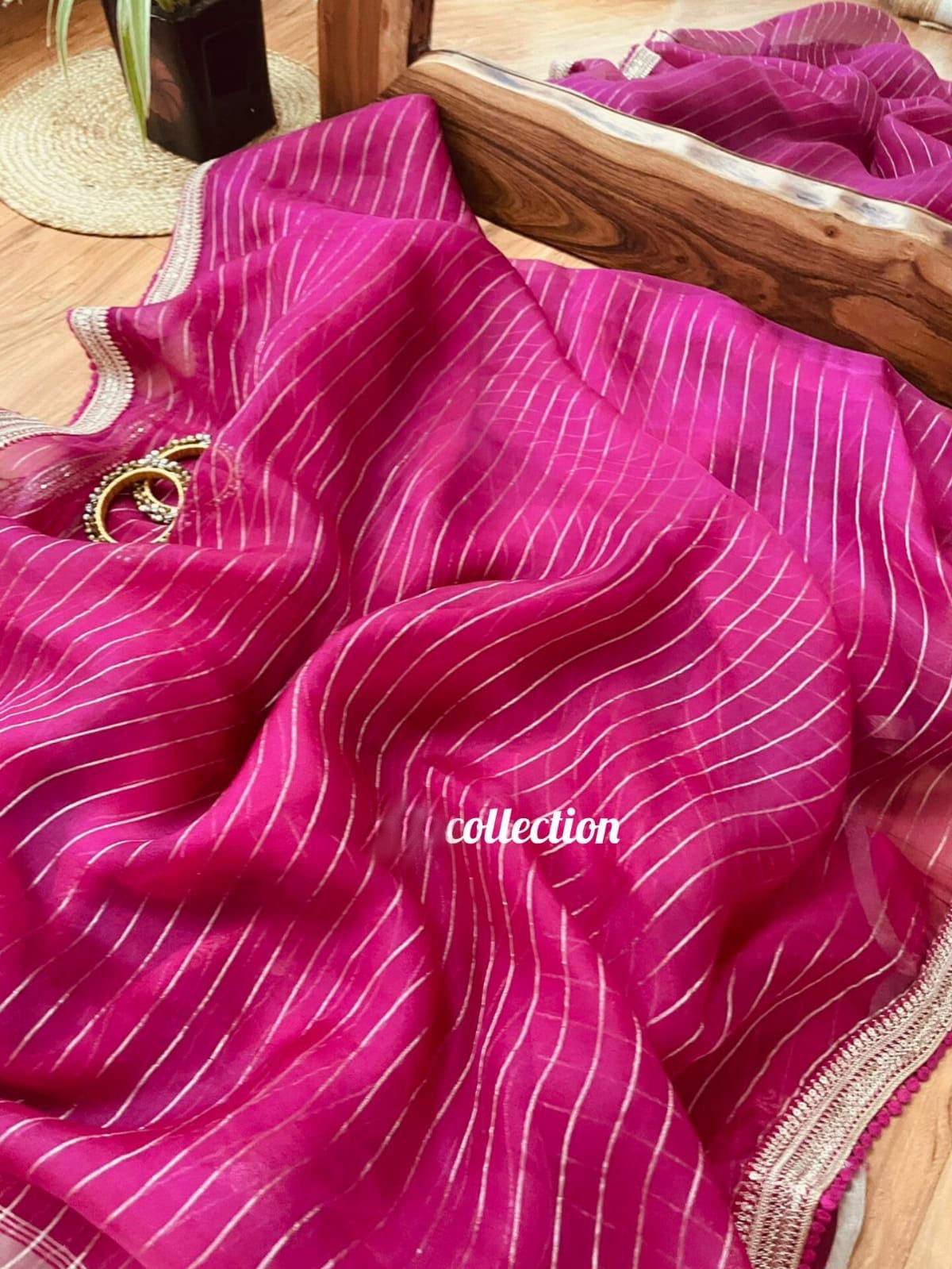 Pink striped organza saree women saree blouse