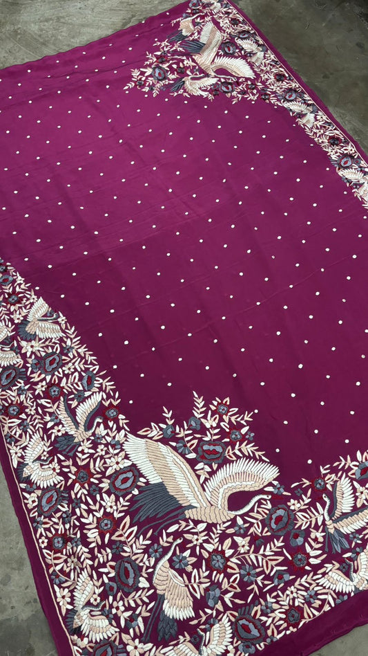 Crepe Parsi saree handmade Parsi Gara sari blouse