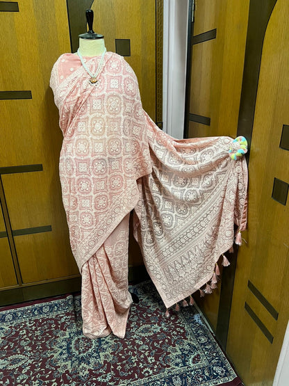 Peach Chikankari Georgette Sarees Indian Pakistani Traditional Sari