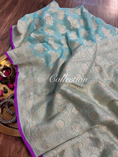 Firoza gorgette saree Handwoven sari blouse
