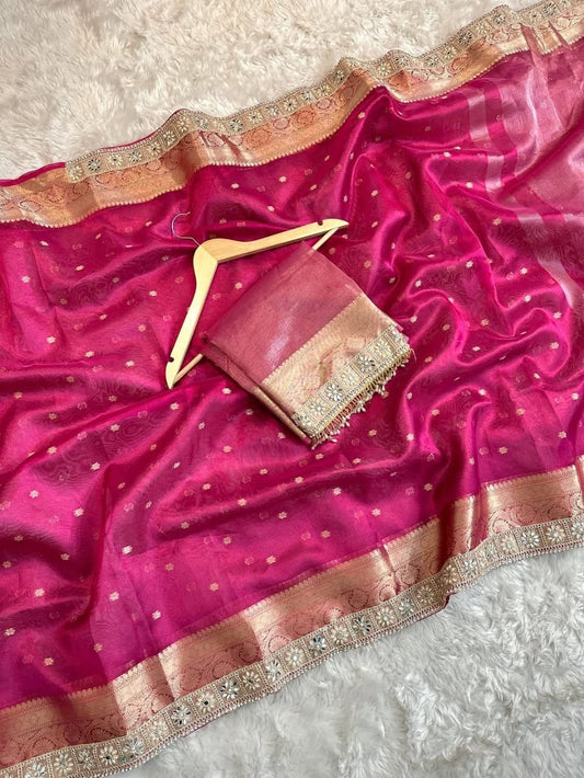 Pink tissue silk saree wedding sari blouse women sarees