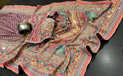 Celebrity inspired saree ajrakh printed sarees women sari readymade blouse