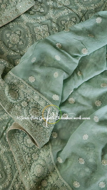 Green Chikankari Gorgette Saree Indian Sarees