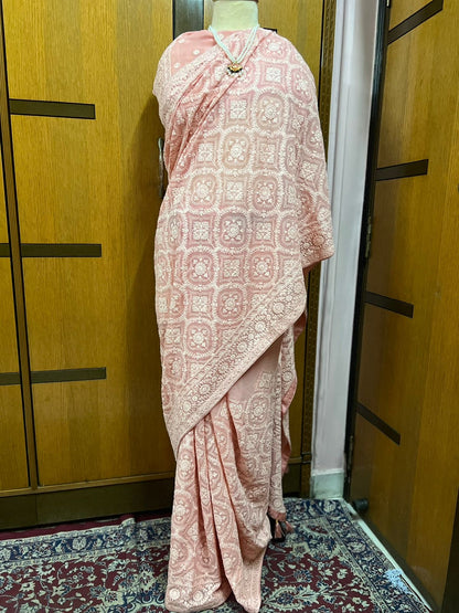 Peach Chikankari Georgette Sarees Indian Pakistani Traditional Sari