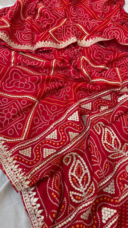 Red Bandhani Gajji silk saree Indian traditional silk sarees