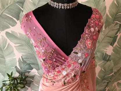 Premium ombre satin organza silk saree women sari blouse