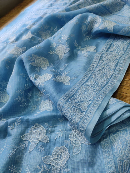 Tussar Chikankari Embroidery Kora Silk Saree