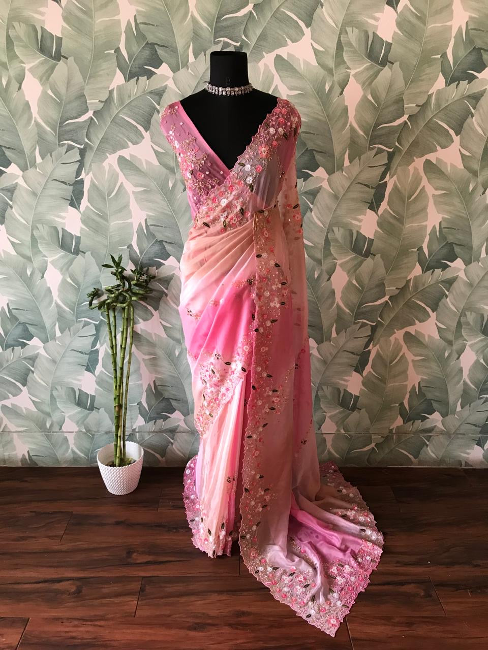 Premium ombre satin organza silk saree women sari blouse