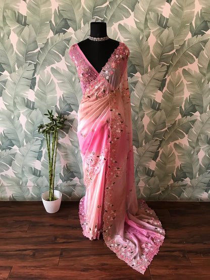 Premium ombre satin organza silk saree women sari blouse