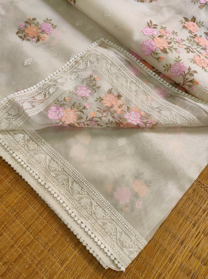 Meenadari Organza Silk Saree Embroidery Sari