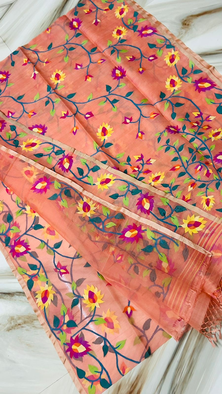 Peach Tantuj Jamdani saree Bengal traditional saree floral saris