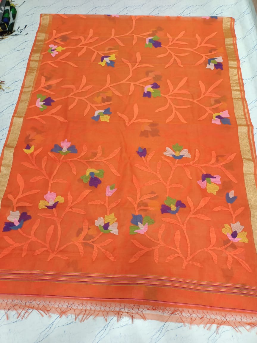Orange tantuj jamdani Saree Handmade saree