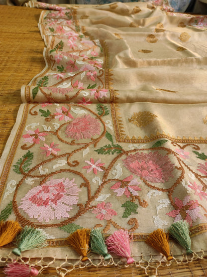 Floral Tissue Silk Embroidery Saree Indian Sari